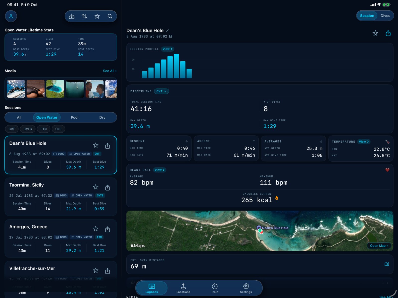FreeDive Ultra on iPad in landscape: the logbook list on the left and a session open beside it
