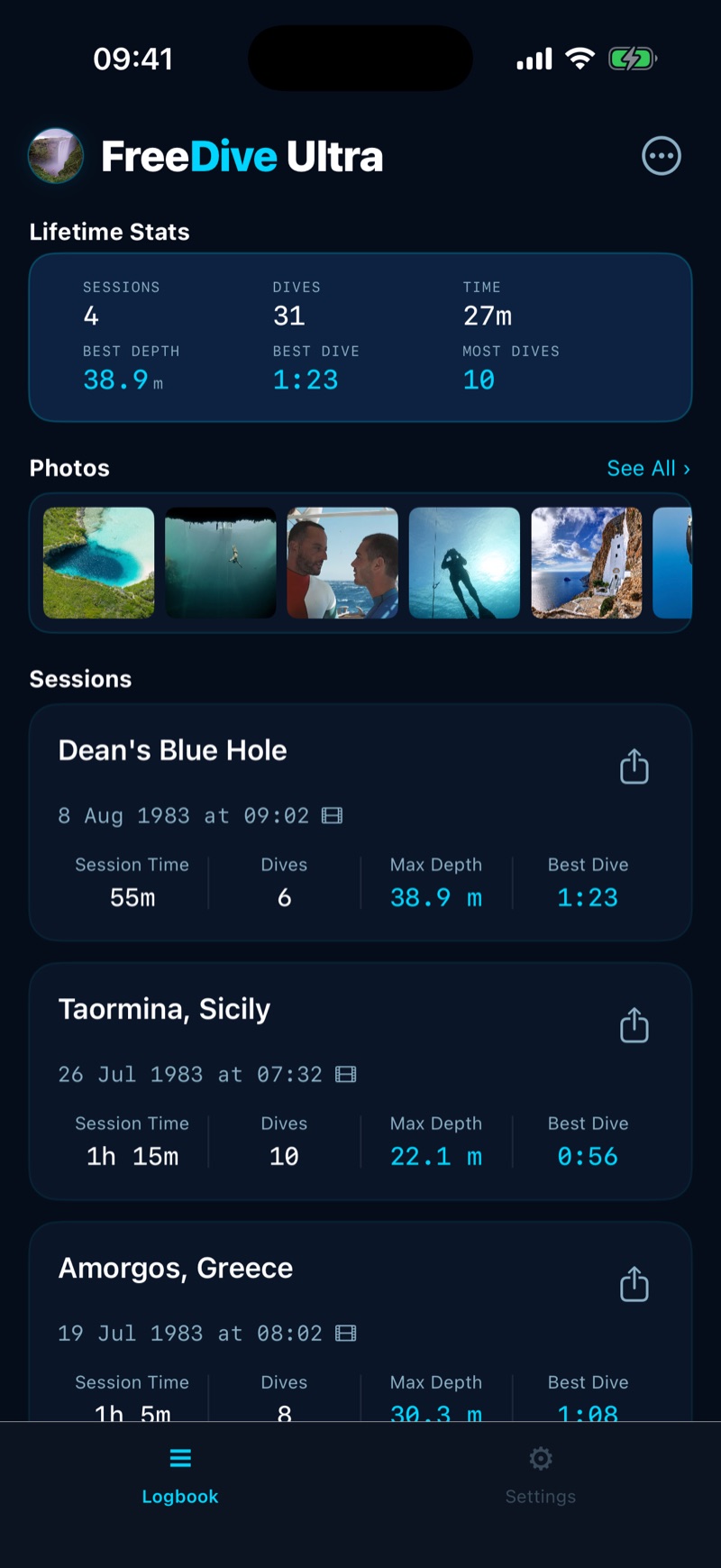 FreeDive Ultra iPhone Logbook showing lifetime freediving stats, a photo strip from recent sessions, and a list of past dives