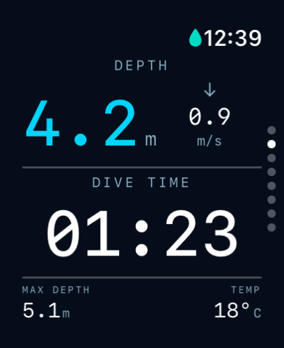 FreeDive Ultra Live Dive screen on Apple Watch Ultra showing current depth, descent rate, dive time, max depth, and water temperature